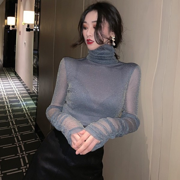 Bluză de damă cu guler polo și mâneci din tul de culoare gri și negru