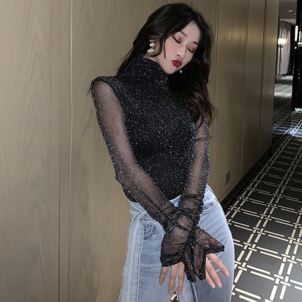 Bluză de damă cu guler polo și mâneci din tul de culoare gri și negru