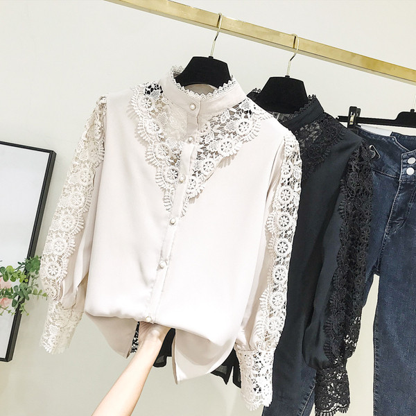 Új modell elegáns női blúz polo gallérral és gombokkal fekete és bézs színben