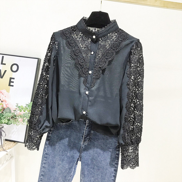 Új modell elegáns női blúz polo gallérral és gombokkal fekete és bézs színben