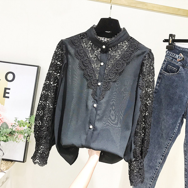 Új modell elegáns női blúz polo gallérral és gombokkal fekete és bézs színben