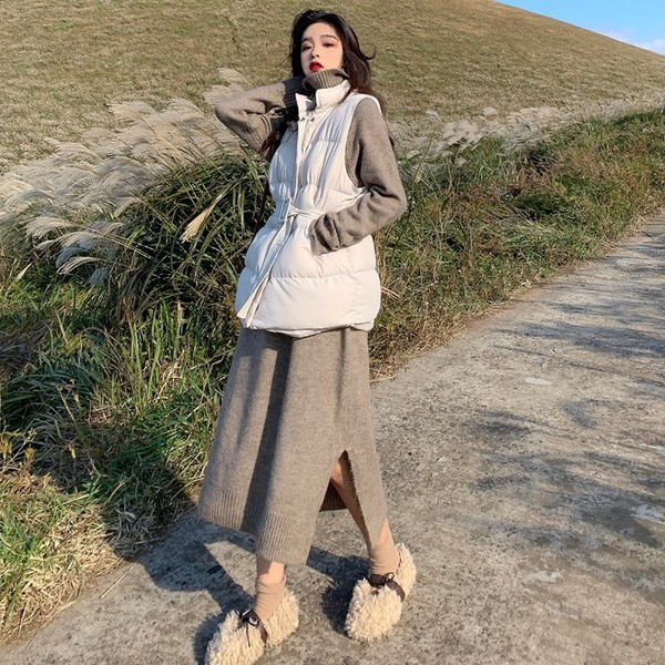 Hosszú téli mellény fehér és barna színben, övvel