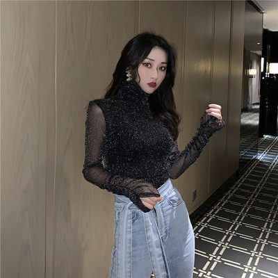 Női alkalmi blúz pólógallérral, ezüst és fekete színben