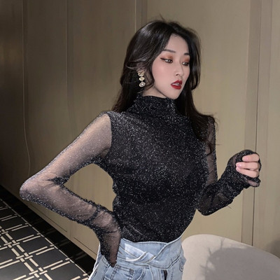 Női alkalmi blúz pólógallérral, ezüst és fekete színben