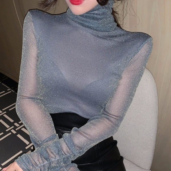 Női alkalmi blúz pólógallérral, ezüst és fekete színben