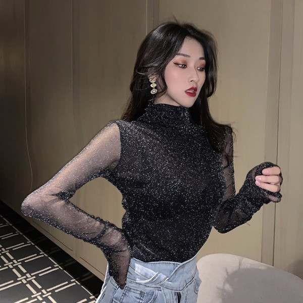 Női alkalmi blúz pólógallérral, ezüst és fekete színben