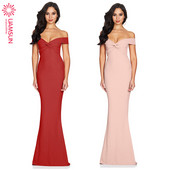 Rochie lungă de damă elegantă, cu bretele căzute și decolteu adânc în roșu și roz