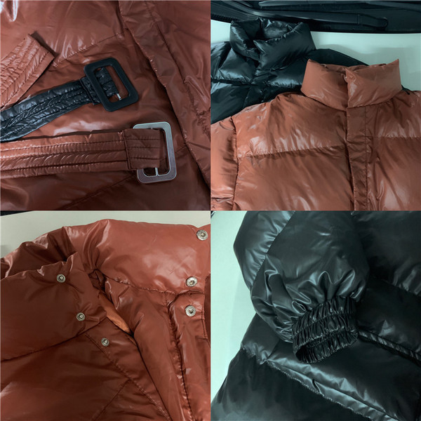 Geacă groasă de iarnă de damă cu centură și buzunare în culorile maro, verde și negru