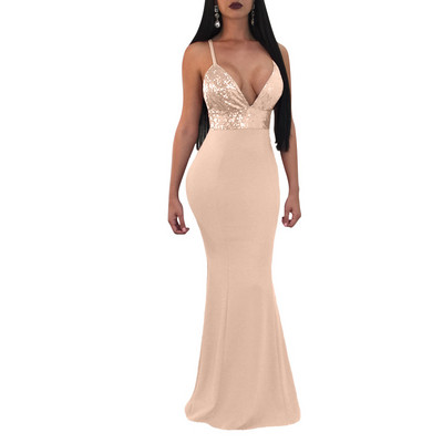 Κομψό γυναικείο μακρύ φόρεμα και βαθιά λαιμόκοψη σε πέντε χρώματα