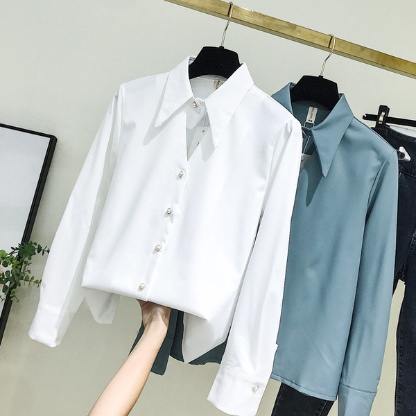 Camasa de dama model nou cu guler clasic si nasturi in alb si albastru