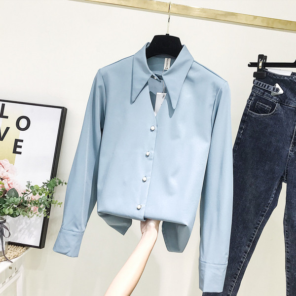 Camasa de dama model nou cu guler clasic si nasturi in alb si albastru