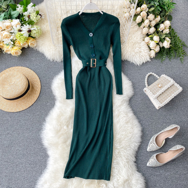 Γυναικείο μακρύ φόρεμα με  ζώνη σε μαύρο και πράσινο χρώμα