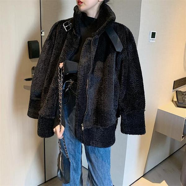 Palton elegant de damă, cu fermoar și guler înalt, de culoare neagră