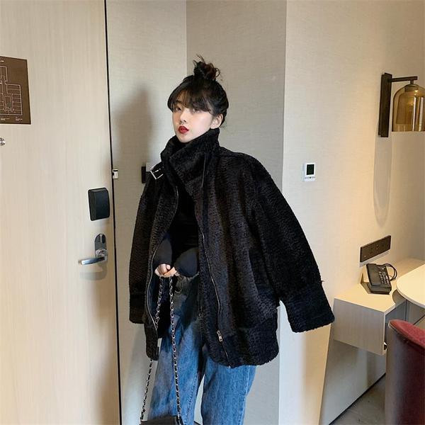 Palton elegant de damă, cu fermoar și guler înalt, de culoare neagră