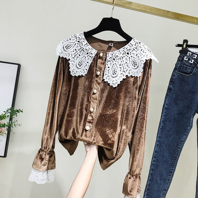 Νέο μοντέλο βελούδινο γυναικείο πουκάμισο με κουμπιά σε καφέ και μαύρο χρώμα