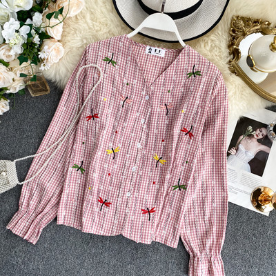 Cămașă damă în carouri cu broderie în patru culori