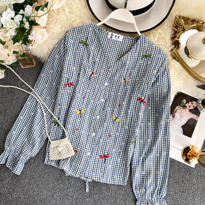 Cămașă damă în carouri cu broderie în patru culori