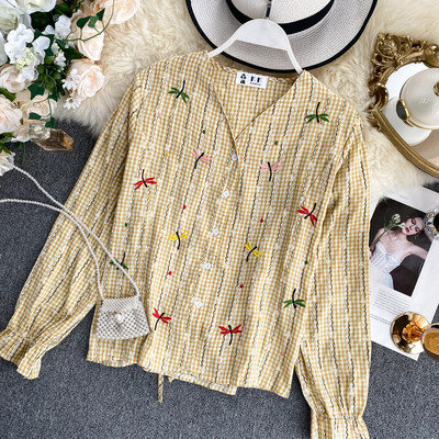 Cămașă damă în carouri cu broderie în patru culori