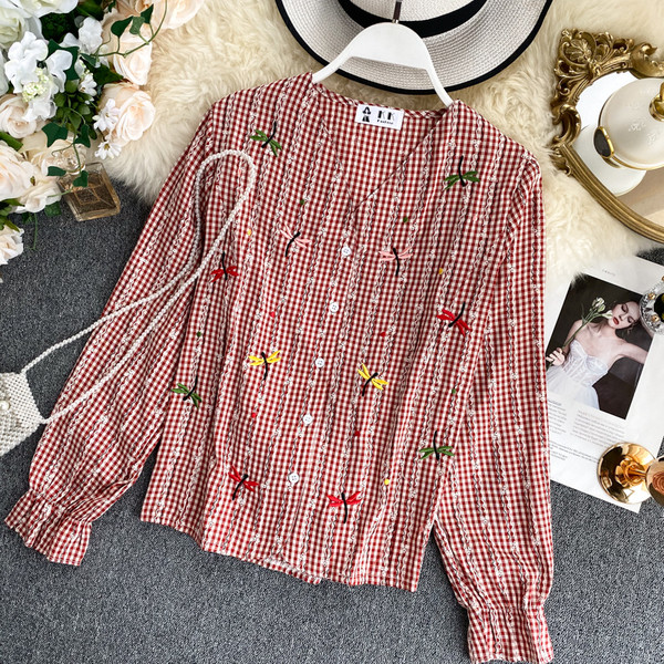 Cămașă damă în carouri cu broderie în patru culori