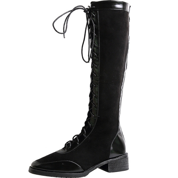 Ghete de dama moderne din piele intoarsa ecologica cu toc mic gros in negru si bej