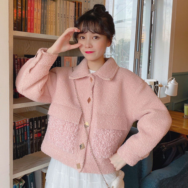 Palton scurt de primăvară-toamnă în puf în alb și roz