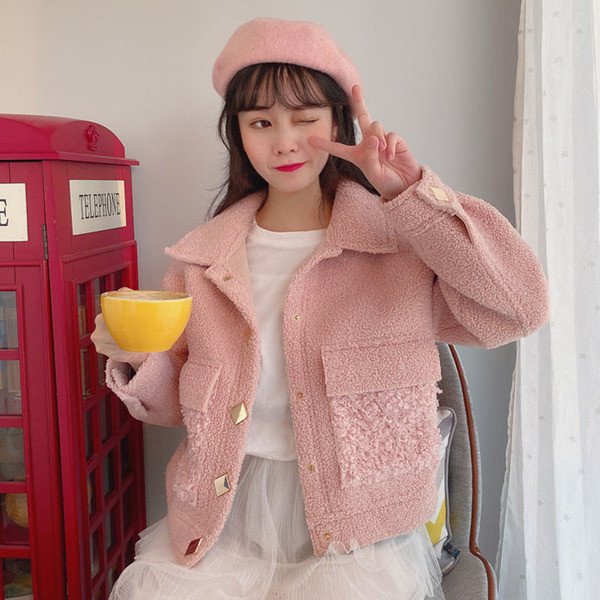 Palton scurt de primăvară-toamnă în puf în alb și roz