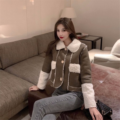 Palton scurt casual de damă, cu nasturi și căptușeală moale, de culoare gri și maro