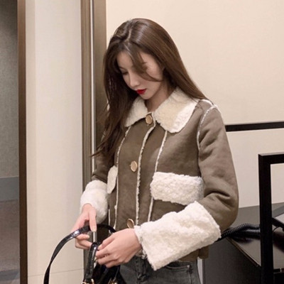 Palton scurt casual de damă, cu nasturi și căptușeală moale, de culoare gri și maro