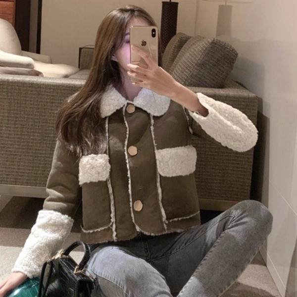 Palton scurt casual de damă, cu nasturi și căptușeală moale, de culoare gri și maro