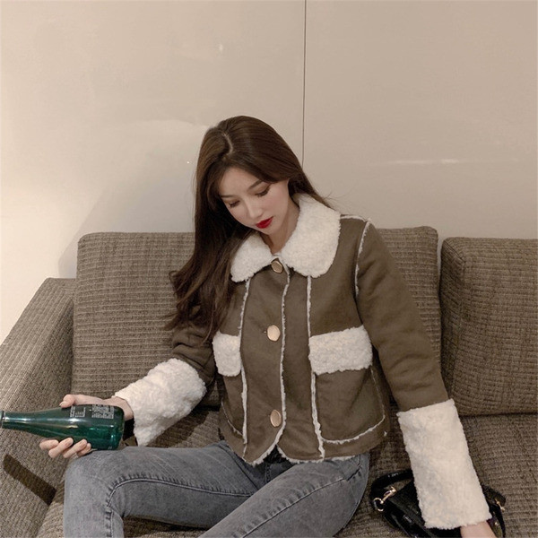 Palton scurt casual de damă, cu nasturi și căptușeală moale, de culoare gri și maro