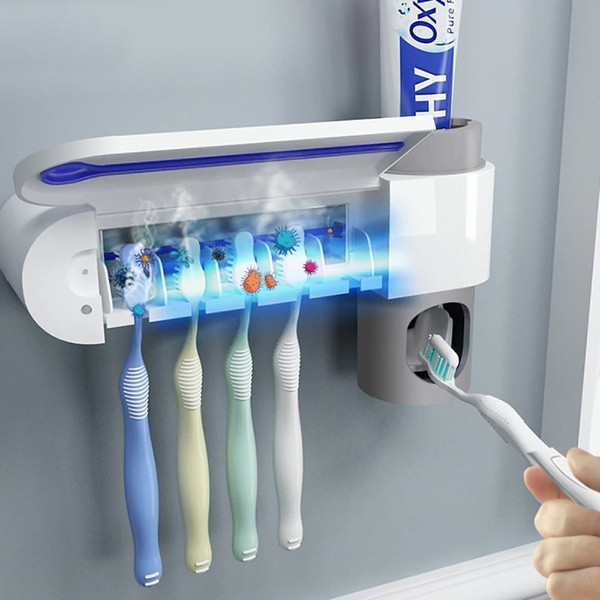 Електронен дозатор с поставка за четки и паста за зъби с ултравиолетова светлина против бактерии в бял цвят