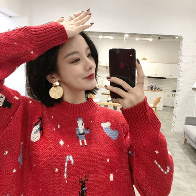 Pulover de damă tricotat în roșu și albastru cu model cu model