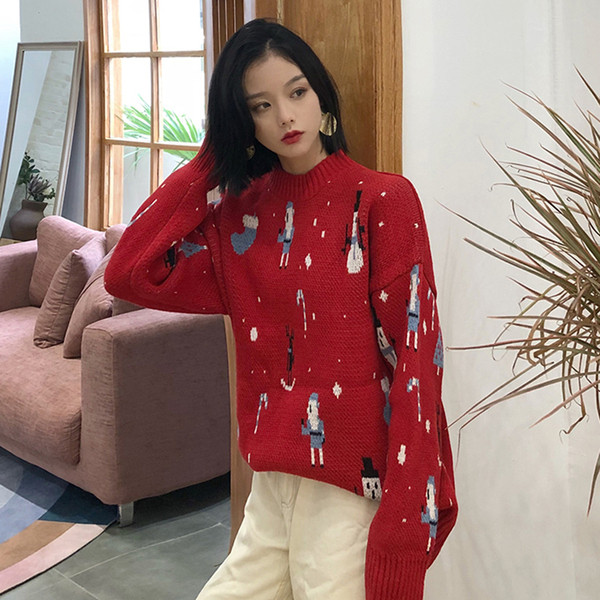 Pulover de damă tricotat în roșu și albastru cu model cu model