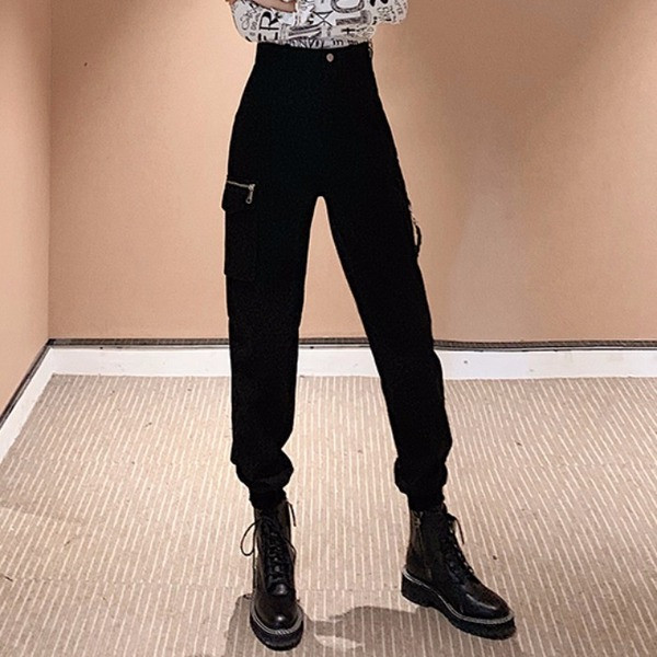 Pantaloni lungi casual de dama cu talie inalta in negru