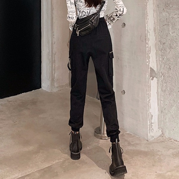 Pantaloni lungi casual de dama cu talie inalta in negru