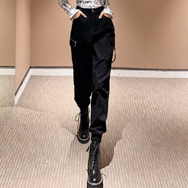 Pantaloni lungi casual de dama cu talie inalta in negru