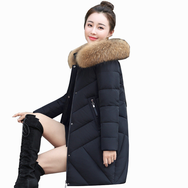 Jachetă lungă de damă modernă cu glugă și puf în negru, gri și roz