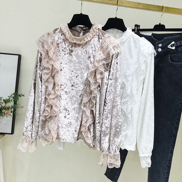 Aktuális női bársony blúz rózsaszín és fehér színben