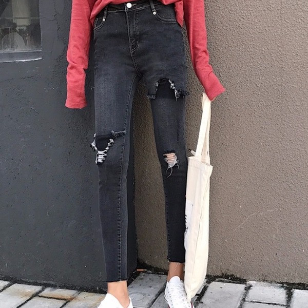 Blugi lungi de dama moderni in negru si albastru cu motiv rupt si talie inalta