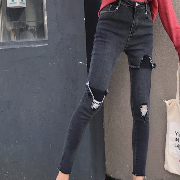 Blugi lungi de dama moderni in negru si albastru cu motiv rupt si talie inalta