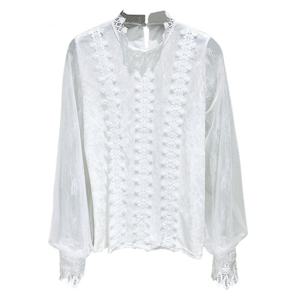 Bluza de dama model nou cu maneci din tul in albastru si alb