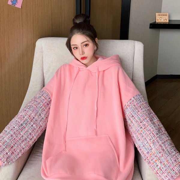 Hanorac de damă modern cu glugă și cravate în culoarea roz