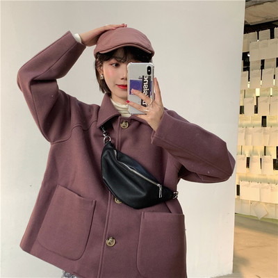 Palton scurt casual, negru și violet, cu nasturi și buzunare