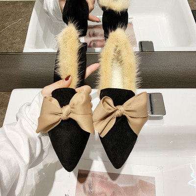 Pantofi moderni de dama cu puf cu panglica in doua culori