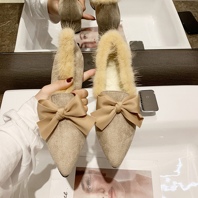 Pantofi moderni de dama cu puf cu panglica in doua culori