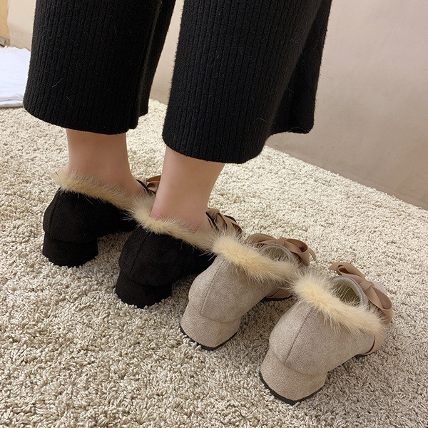 Pantofi moderni de dama cu puf cu panglica in doua culori