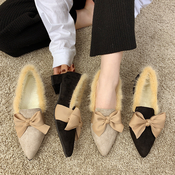 Pantofi moderni de dama cu puf cu panglica in doua culori