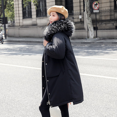 Modern női hosszú téli kabát kapucnival és zsebekkel, három színben