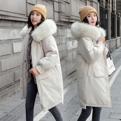 Modern női hosszú téli kabát kapucnival és zsebekkel, három színben