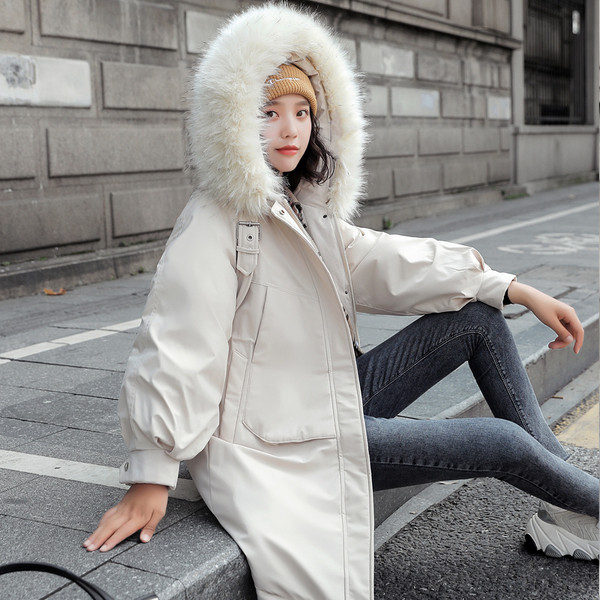 Modern női hosszú téli kabát kapucnival és zsebekkel, három színben